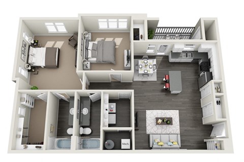 Floor plan for 2 beds, 2 baths, 1108 sqft